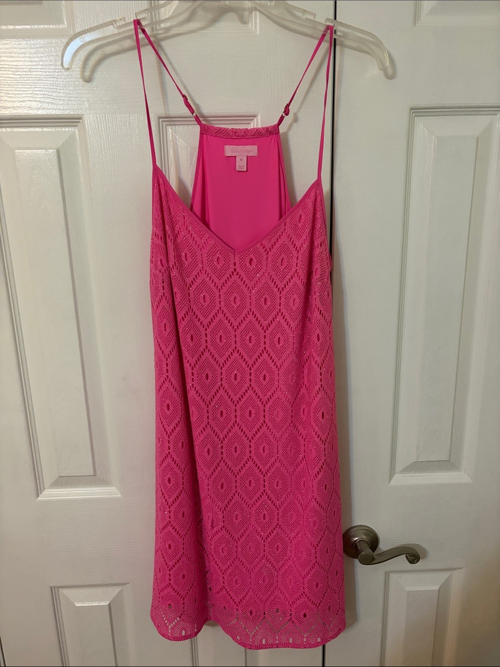 Lilly Pulitzer minidress, spaghetti straps, pink with gold glitter Medium